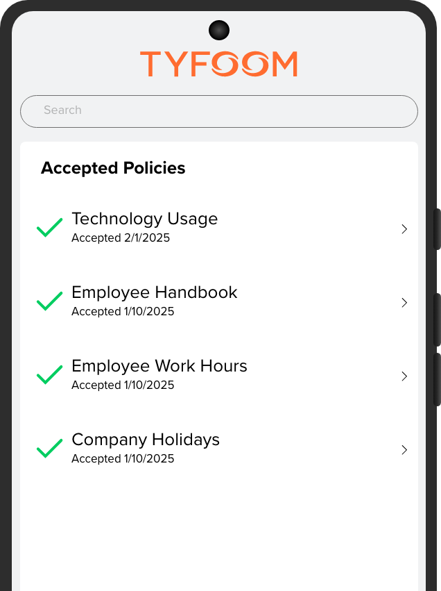 Tyfoom app showing a list of accepted policies: Technology Usage, Employee Handbook, Employee Work Hours, Company Holidays
