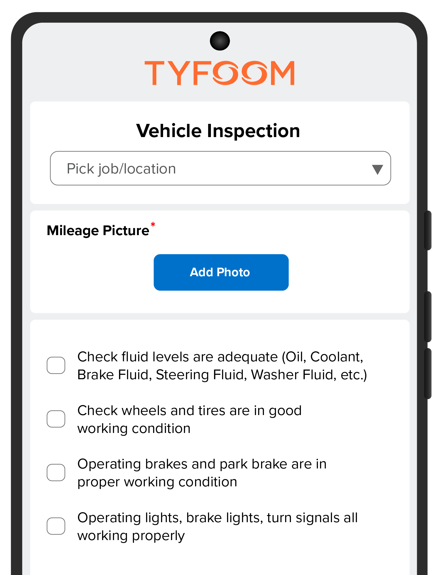 Tyfoom app showing a Vehicle Inspection form with checklist items