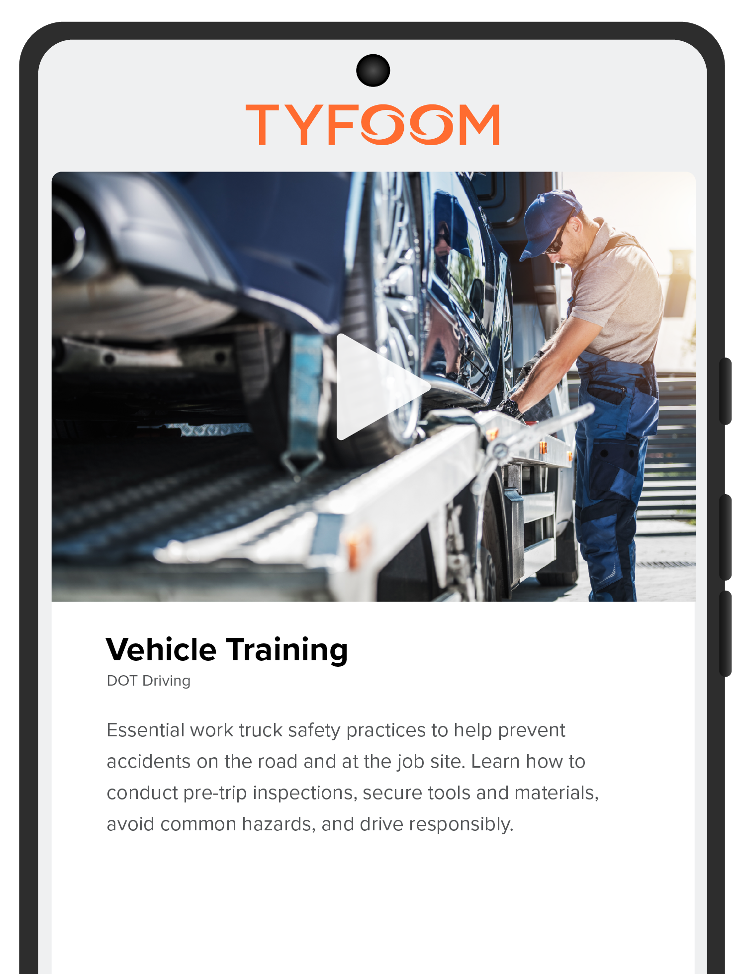 Tyfoom app showing Vehicle Training — DOT Driving module with a truck safety video
