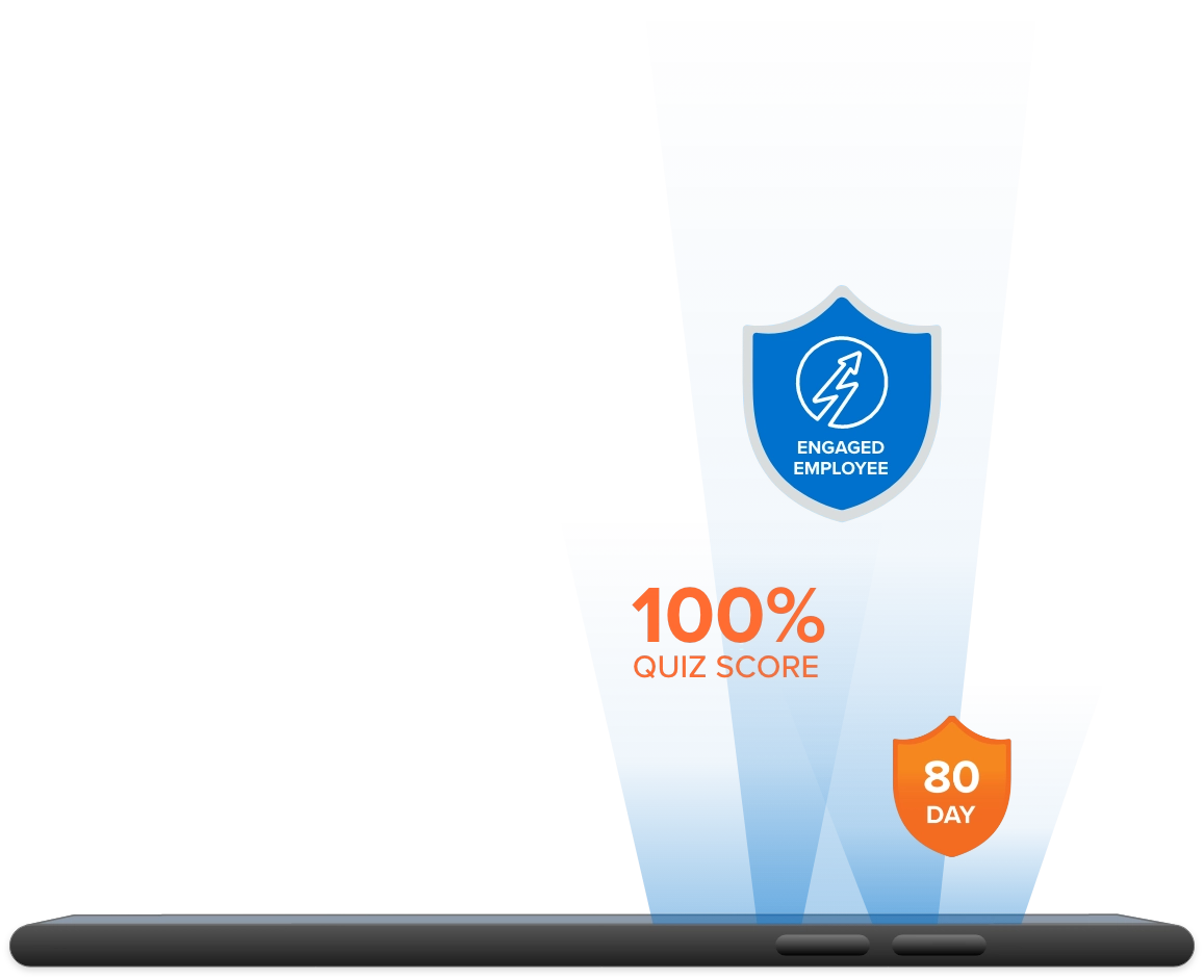 Tyfoom app showing 100% quiz score and engagement badges
